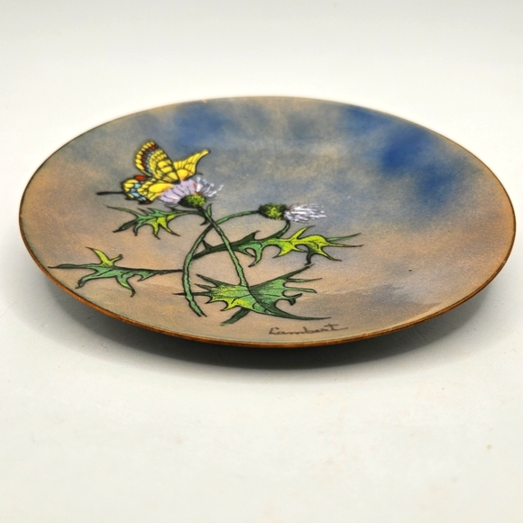 Enameled Copper Butterfly Thistle Trinket Ring Dish Artist Signed - Picture 3 of 8
